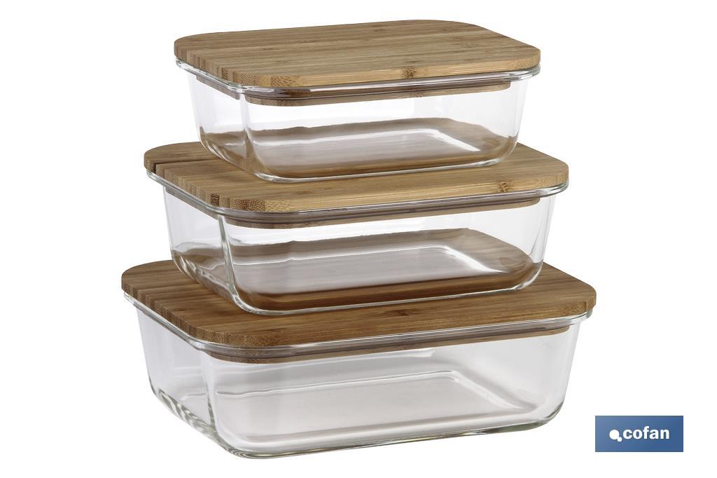 Set de 3 Fiambreras Rectangulares de Borosilicato | Modelo Bambú | Tapa de Bambú | Capacidad 640-1040-1520 ml